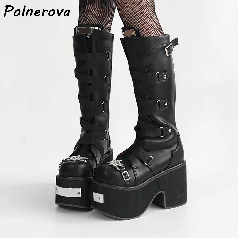 Gothic Star Platform Knee High Boots Black White Chunky Heel with Cross Straps Metal Shoes Rock Y2K Dark Punk Style Shoes
Gothic Star Platform Knee High Boots Black White Chunky Heel with Cross Straps Metal Shoes Rock Y2K Dark Punk Style Shoes