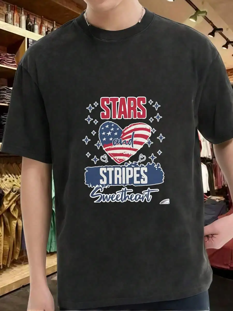 Washed Short Sleeve T-Shirt With Stars And Stripes Heart Print Casual Round Neck Summer Tee
Washed Short Sleeve T-Shirt With Stars And Stripes Heart Print Casual Round Neck Summer Tee