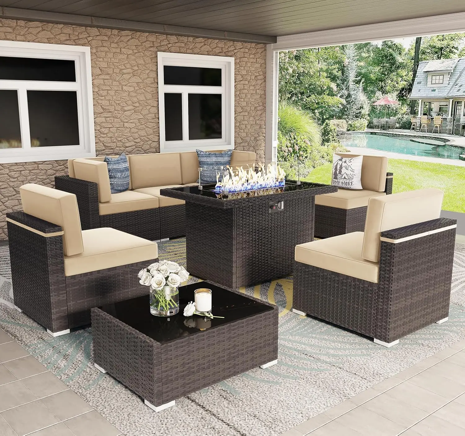 8 Pieces Patio Furniture Set With 44" Propane Gas Fire Pit Table, Outdoor Sectional Brown Rattan Wicker, Customized
8 Pieces Patio Furniture Set With 44" Propane Gas Fire Pit Table, Outdoor Sectional Brown Rattan Wicker, Customized