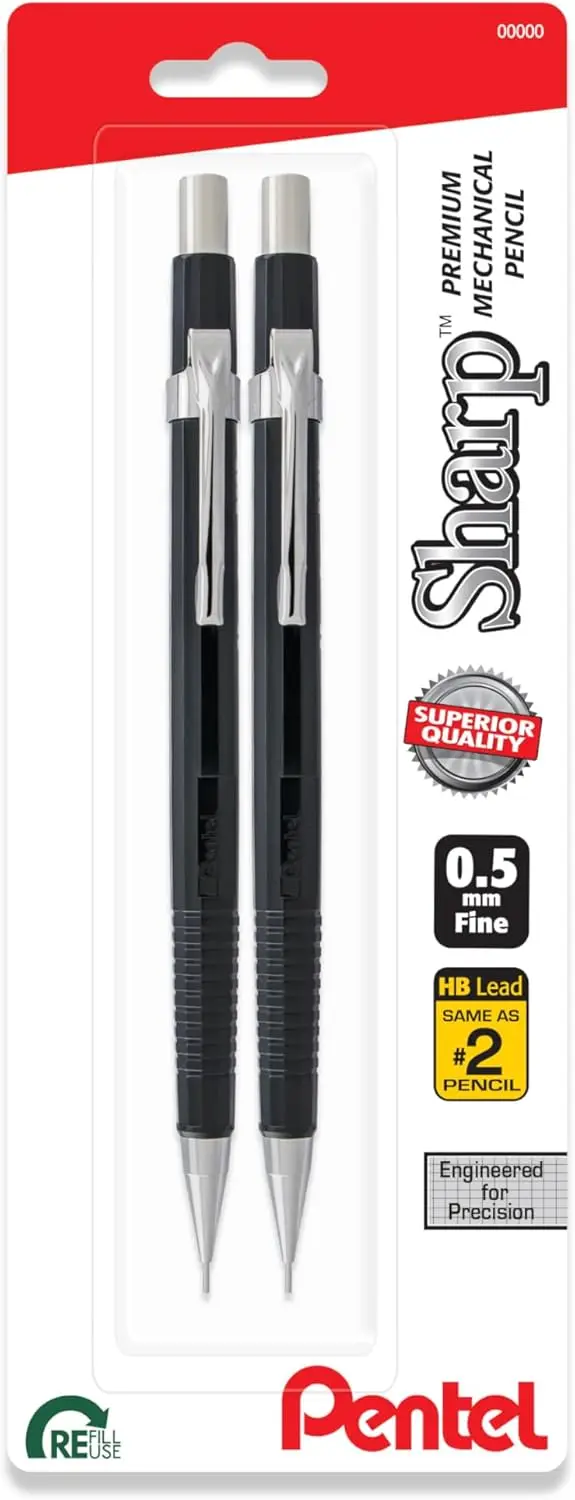 Sharp 0.5mm Mechanical Pencil, Fine Line, Black Barrel, Pack of 2 for Professionals and Students
Sharp 0.5mm Mechanical Pencil, Fine Line, Black Barrel, Pack of 2 for Professionals and Students