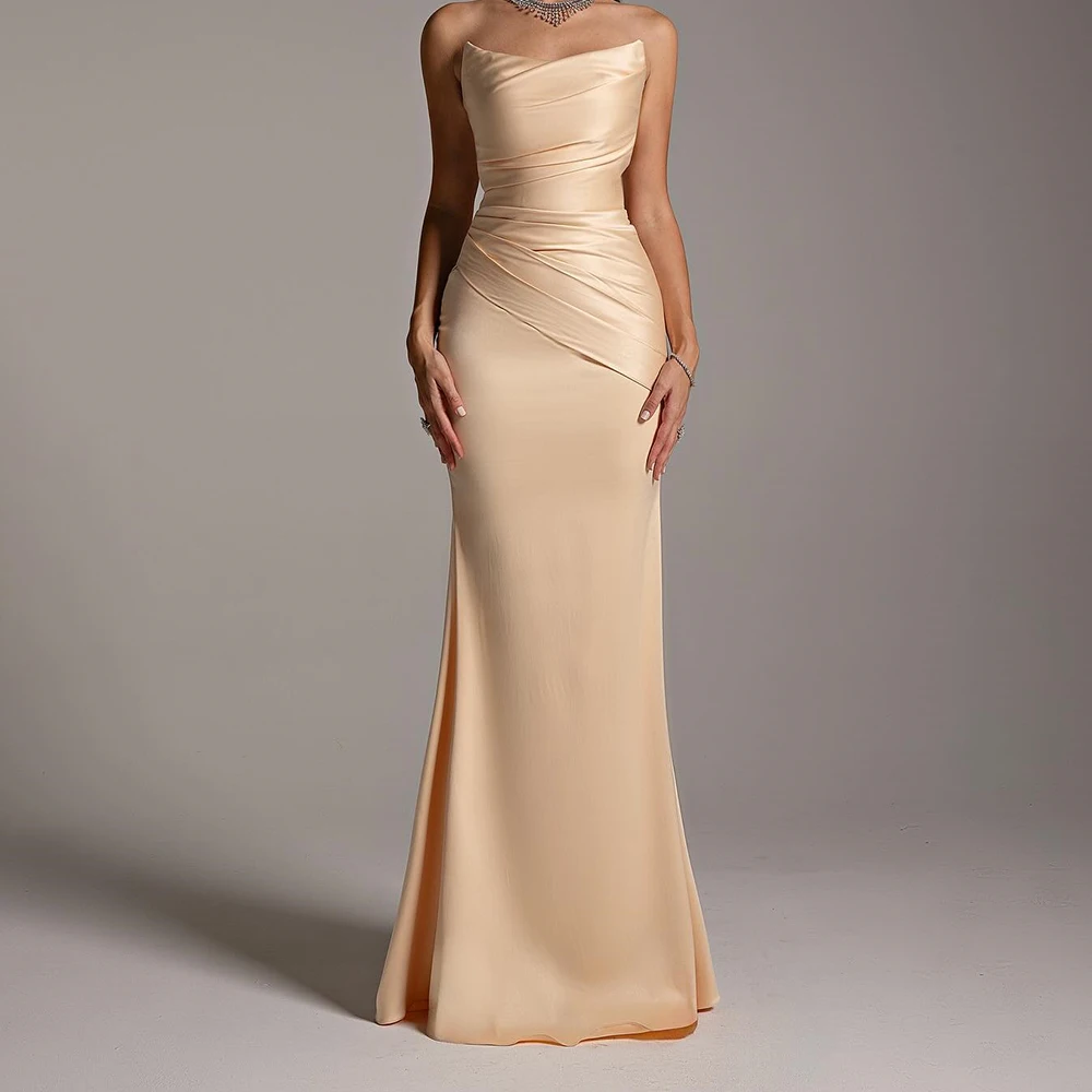 Customized Exquisite Zipper Back Pleats Mermaid Strapless Evening Dresses Graceful Champagne Satin Sleeveless Party Gowns Saudi
Customized Exquisite Zipper Back Pleats Mermaid Strapless Evening Dresses Graceful Champagne Satin Sleeveless Party Gowns Saudi