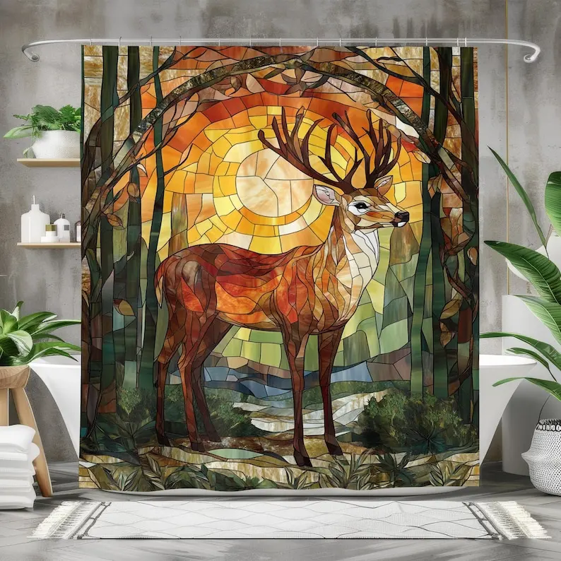 Deer Stained Glass Bath Curtain - Rustic Bathroom Decor - Waterproof Fabric Shower Curtain - Nature-Inspired Woodland Design
Deer Stained Glass Bath Curtain - Rustic Bathroom Decor - Waterproof Fabric Shower Curtain - Nature-Inspired Woodland Design