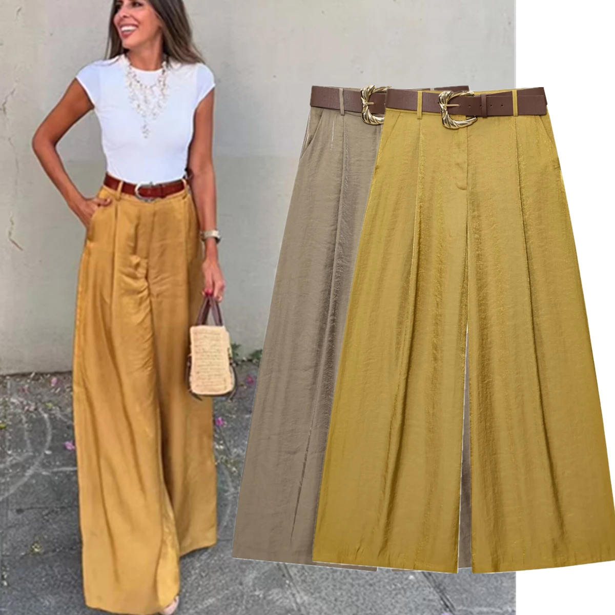 Maxdutti Minimalist Gold Satin Wide Leg Pants Women's French Office Ladies Lazy High Waist Loose Pants Trousers Women
Maxdutti Minimalist Gold Satin Wide Leg Pants Women's French Office Ladies Lazy High Waist Loose Pants Trousers Women