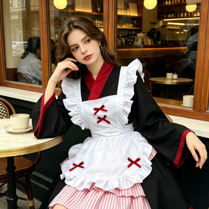 Kimono Style Lolita Long Sleeved Cos Uniform with Red and White Contrasting Sleeves, Ruffled Apron and Bow
Kimono Style Lolita Long Sleeved Cos Uniform with Red and White Contrasting Sleeves, Ruffled Apron and Bow