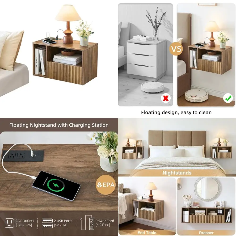 Rustic Brown Fluted Floating Nightstand with Charging Dock, Drawers, USB & Outlet, Left-Side Bedroom Furniture
Rustic Brown Fluted Floating Nightstand with Charging Dock, Drawers, USB & Outlet, Left-Side Bedroom Furniture