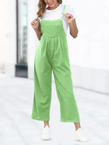 Women Romper 2024 Summer Waffle Grid Jumpsuit Sleeveless Bib Overall Light Green XL