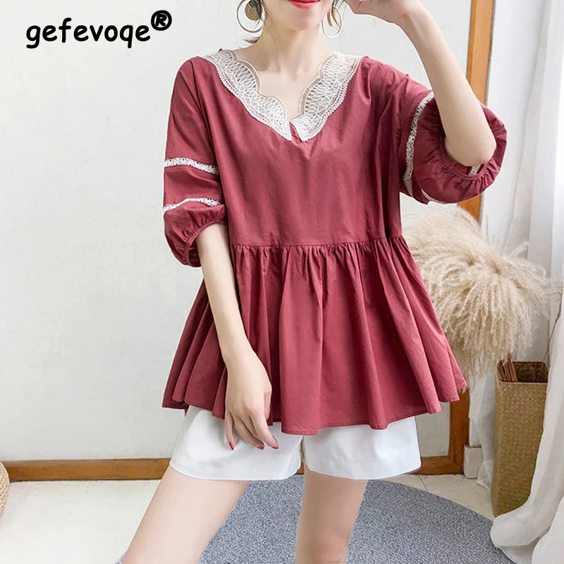 Women V Neck Lace Patchwork Kawaii Blouses Summer Fashion Ruffle Loose Short Sleeve Shirt Chic Sweet Tops Vintage Female Clothes
Women V Neck Lace Patchwork Kawaii Blouses Summer Fashion Ruffle Loose Short Sleeve Shirt Chic Sweet Tops Vintage Female Clothes