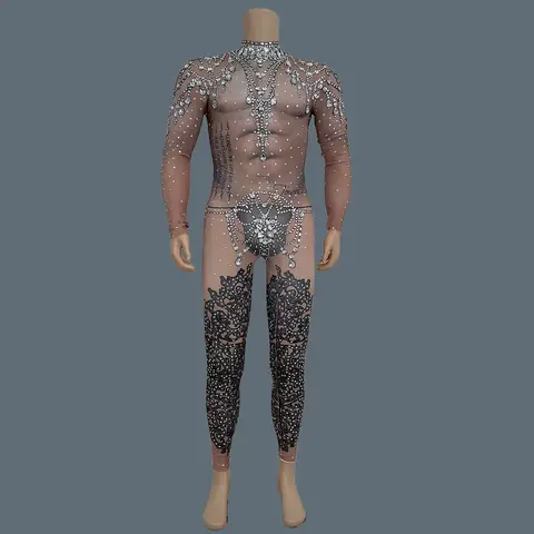 Männer Sexy Strass Druck Overall Spandex Bodycon Party Nachtclub DJ Bühne Leistung Tragen Muskel Mann Set Shuijingnan