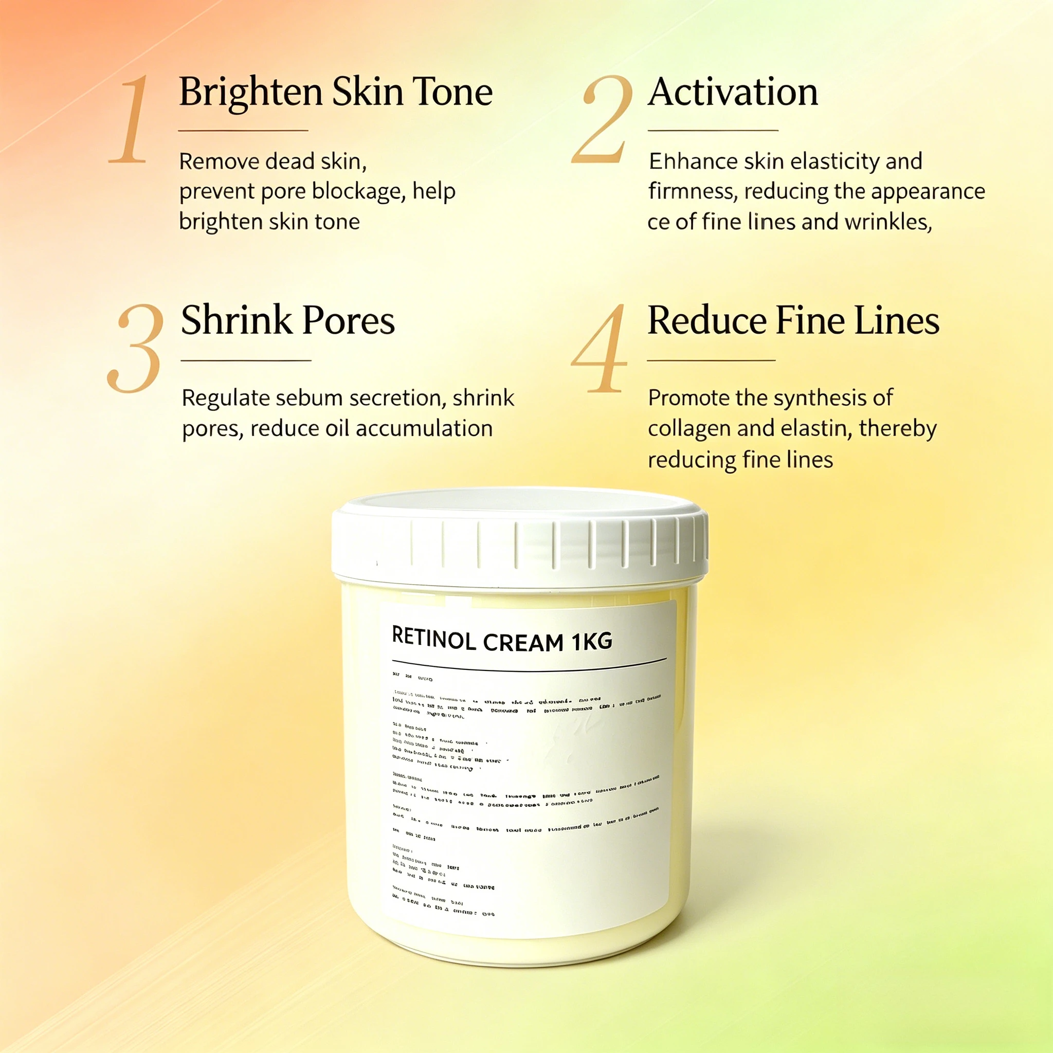 Retinol Anti-Aging Facial Cream 1kg Hydrating Brightening Firming Wrinkle Reduction Moisturizing Face Skin Care
Retinol Anti-Aging Facial Cream 1kg Hydrating Brightening Firming Wrinkle Reduction Moisturizing Face Skin Care