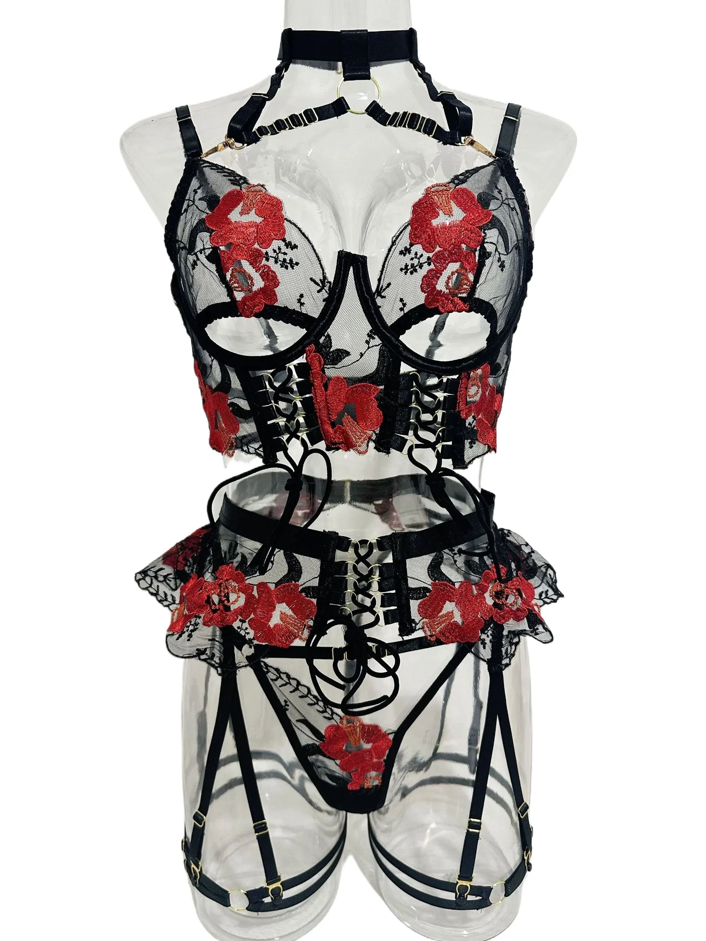 4 Pieces Sexy Embroidery Flower Halter Metal Buckle Criss Cross Hollow Out Bra For Women Lady Outfit Lingerie Erotic Suits Set
4 Pieces Sexy Embroidery Flower Halter Metal Buckle Criss Cross Hollow Out Bra For Women Lady Outfit Lingerie Erotic Suits Set