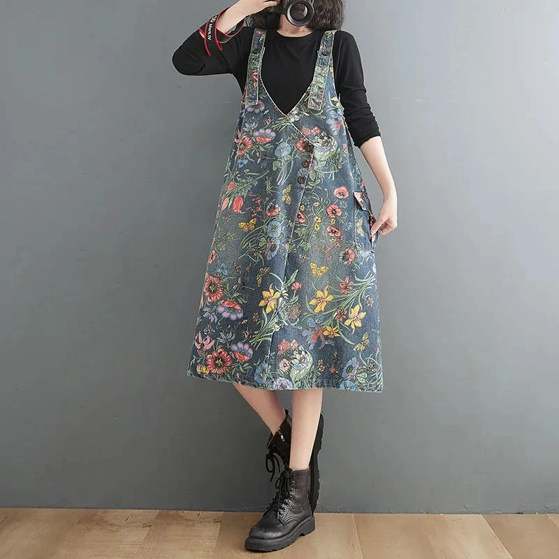 Spring Autumn Spaghetti Strap Denim Dress Women Sleeveless Vintage Loose A-line Midi Dresses Female Floral Print Overalls Dress
Spring Autumn Spaghetti Strap Denim Dress Women Sleeveless Vintage Loose A-line Midi Dresses Female Floral Print Overalls Dress