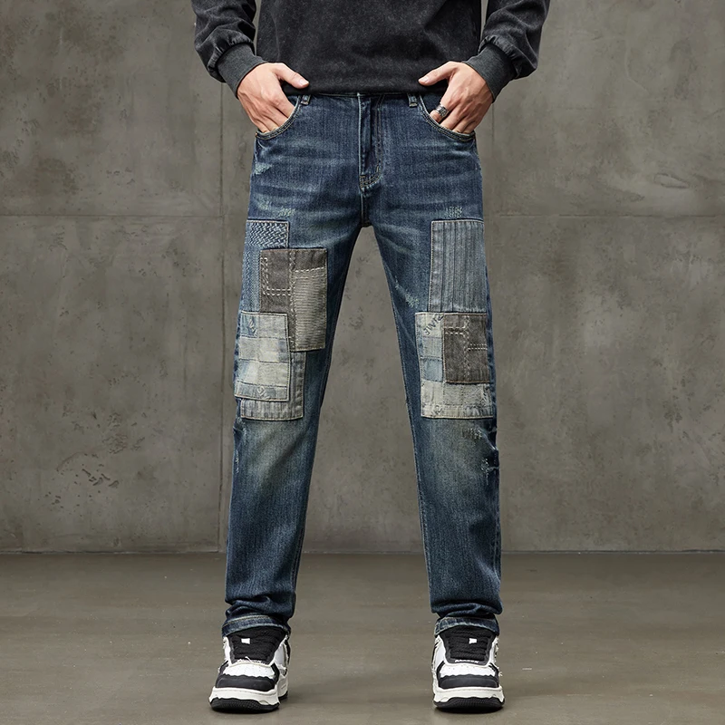 American autumn and winter retro fashion men's patchwork fabric slim straight leg men's pants denim men ripped jeans
American autumn and winter retro fashion men's patchwork fabric slim straight leg men's pants denim men ripped jeans