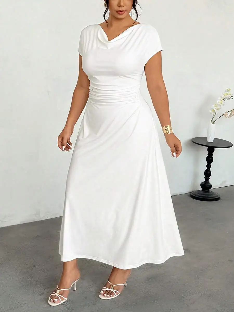 Womens Elegant V-Neck Cinched Waist Flared A-Line Long Dress White Short Sleeve
Womens Elegant V-Neck Cinched Waist Flared A-Line Long Dress White Short Sleeve
