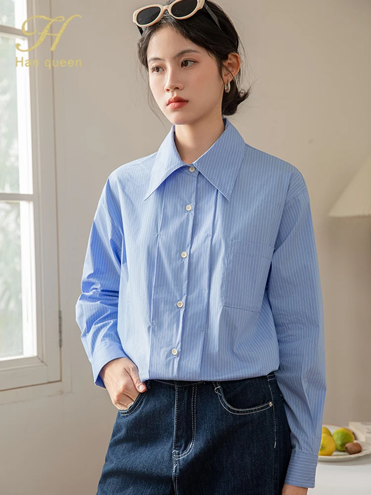 H Han Queen New Autumn Simple Work Casual Vintage Long Sleeve Tops Women's Clothing Stripe Loose Chiffon Shirts & Blouses 2025
H Han Queen New Autumn Simple Work Casual Vintage Long Sleeve Tops Women's Clothing Stripe Loose Chiffon Shirts & Blouses 2025