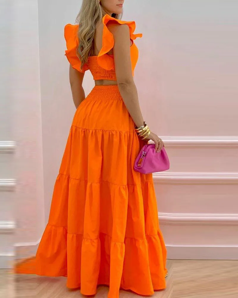 Summer Ruffle Sleeve Fold Crop Top And Loose Maxi Dress Two Piece Skirt Set Women Sexy 2025 Trendy Outfit 2 Piece Sets
Summer Ruffle Sleeve Fold Crop Top And Loose Maxi Dress Two Piece Skirt Set Women Sexy 2025 Trendy Outfit 2 Piece Sets