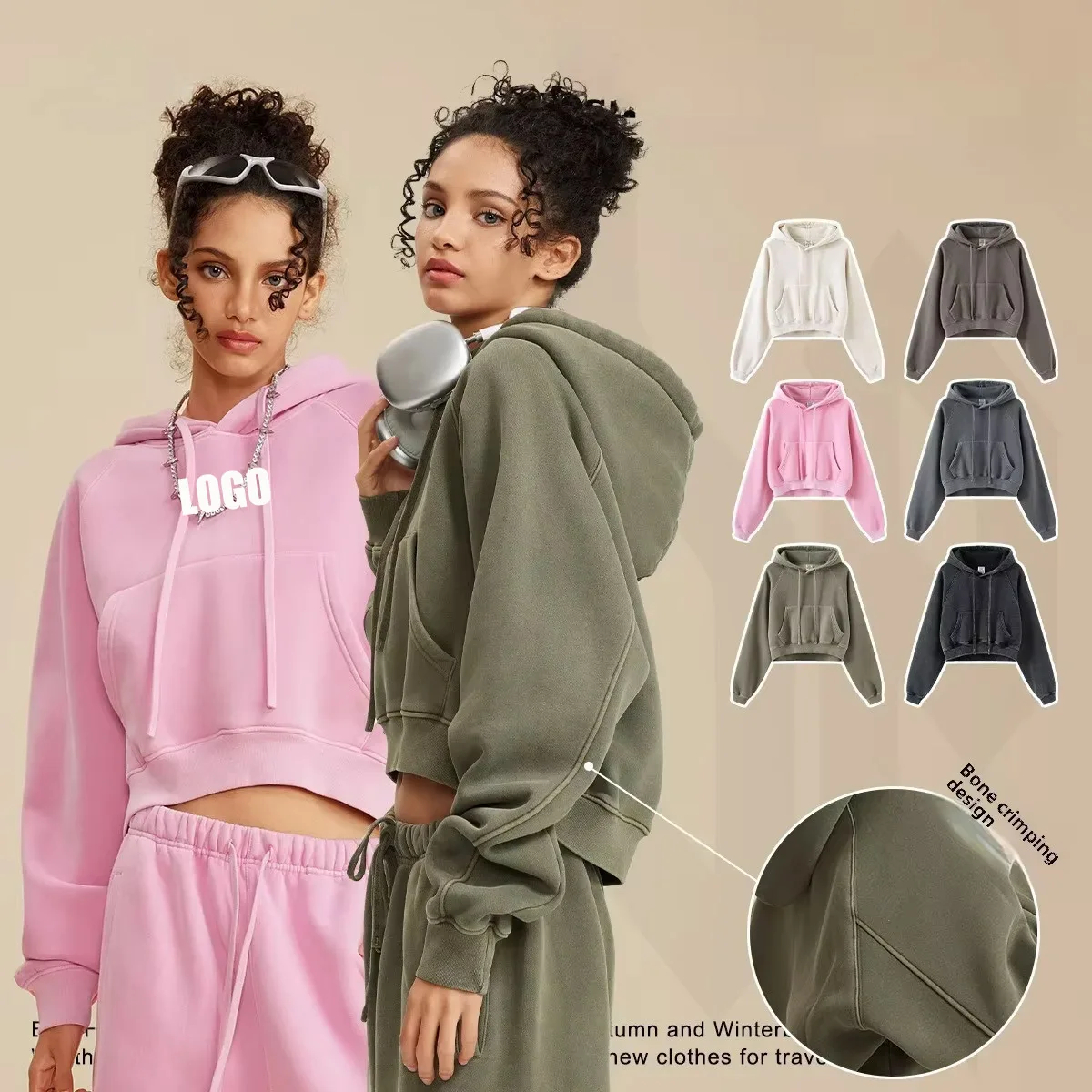 Custom LOGO2024 autumn winter 400G shoulder-plugged retro washed velvet women's short hooded sweater 
Custom LOGO2024 autumn winter 400G shoulder-plugged retro washed velvet women's short hooded sweater