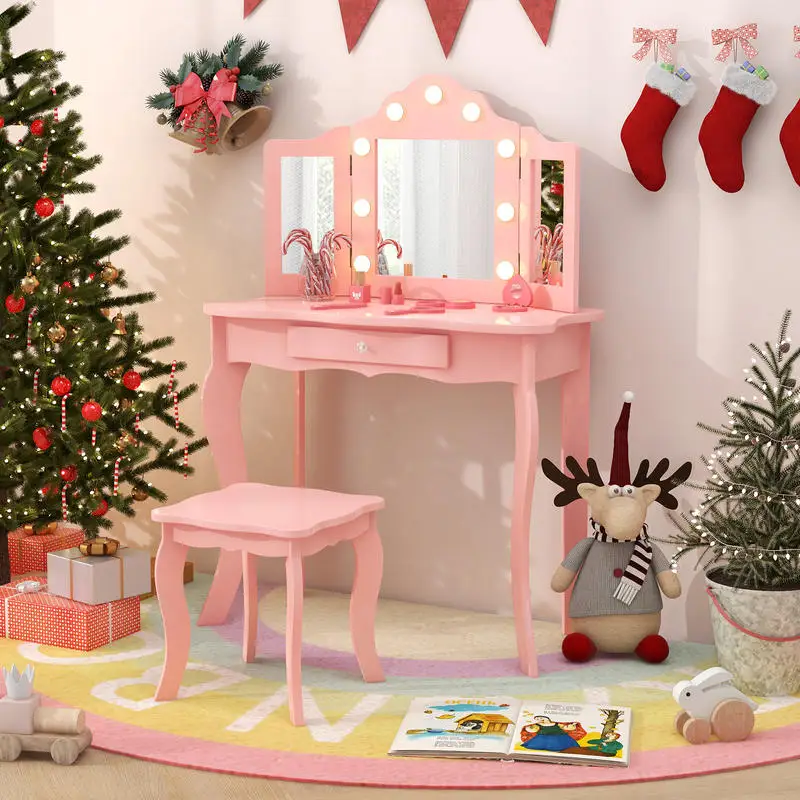 Kid Vanity Table Stool Set with Tri-Folding Mirror and 3-Color LED Lights-Pink
Kid Vanity Table Stool Set with Tri-Folding Mirror and 3-Color LED Lights-Pink