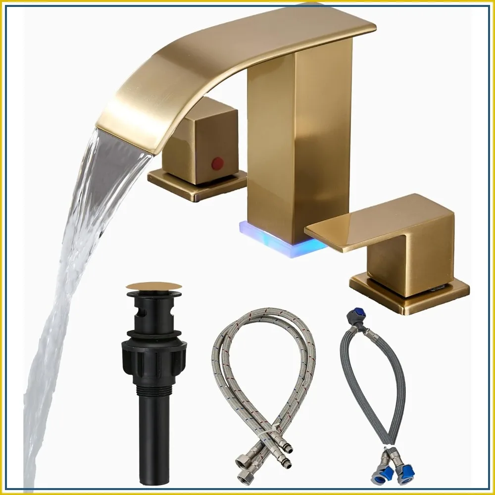 Brushed Gold 3 Hole Widespread Waterfall Vanity Faucet for Bathroom Sink, Modern Touch on Two Handle Gold Faucet
Brushed Gold 3 Hole Widespread Waterfall Vanity Faucet for Bathroom Sink, Modern Touch on Two Handle Gold Faucet
