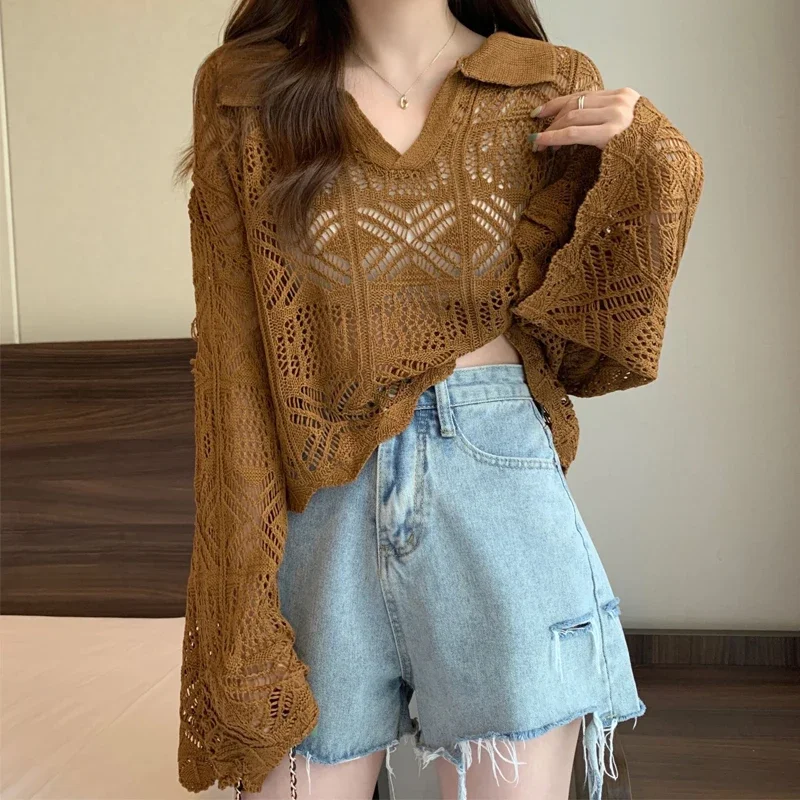 Sexy Hollow Out Knitting Tops Spring Summer New Long Sleeve Solid Color Loose Short Korean T Shirts Sweet Women Clothing S871
Sexy Hollow Out Knitting Tops Spring Summer New Long Sleeve Solid Color Loose Short Korean T Shirts Sweet Women Clothing S871
