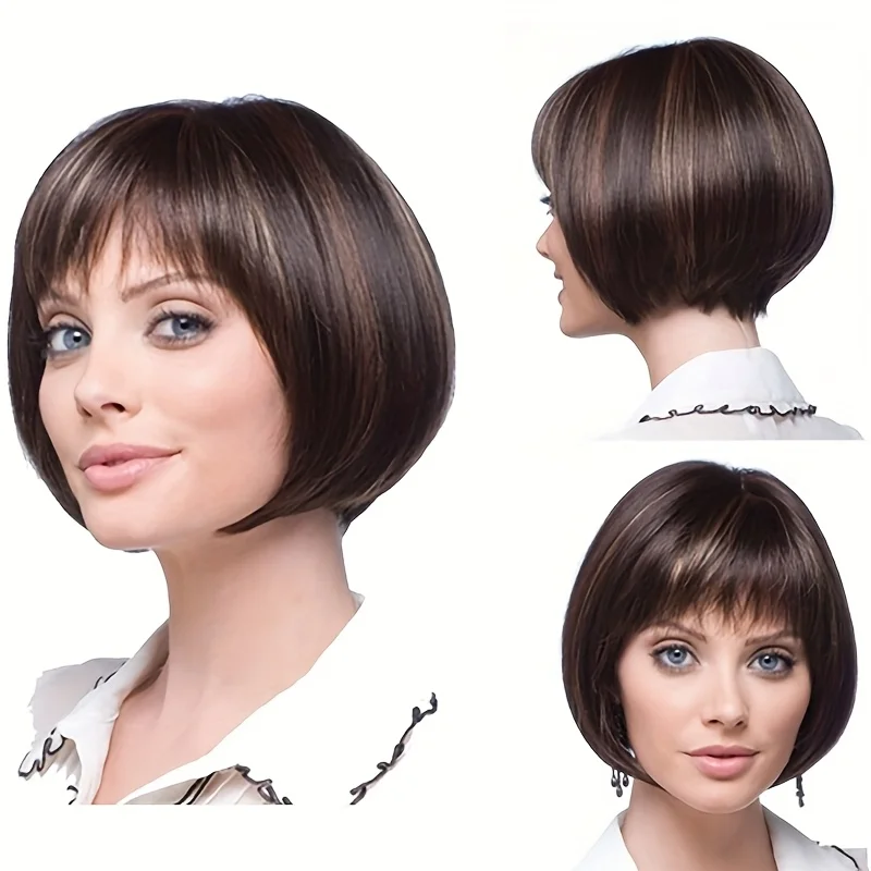 Элегантный и модный женский короткий прямой синтетический парик, стрижка боб с коричневым омбре, с синтетической шапочкой для парика.
Элегантный и модный женский короткий прямой синтетический парик, стрижка боб с коричневым омбре, с синтетической шапочкой для парика.