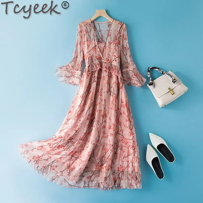 Tcyeek 100% Mulberry Silk Dress Women Korean Floral Dress Real Silk Dress Flared Sleeve Elegant Dresses for Woman Summer Clothes
Tcyeek 100% Mulberry Silk Dress Women Korean Floral Dress Real Silk Dress Flared Sleeve Elegant Dresses for Woman Summer Clothes
