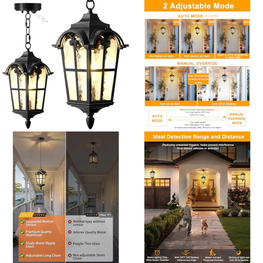 Motion Sensor Outdoor Pendant Light Modern Exterior Hanging Porch Lantern, 15.5" Anti-Rust Aluminum Outside Chandelier Black Ce
Motion Sensor Outdoor Pendant Light Modern Exterior Hanging Porch Lantern, 15.5" Anti-Rust Aluminum Outside Chandelier Black Ce