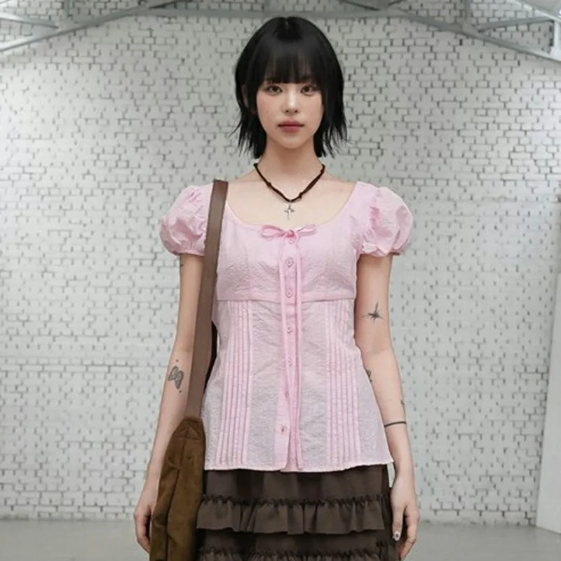 Sweet Round Neck Puff Sleeve French Style Pure Color Button Down Tie Detail Blouse
Sweet Round Neck Puff Sleeve French Style Pure Color Button Down Tie Detail Blouse