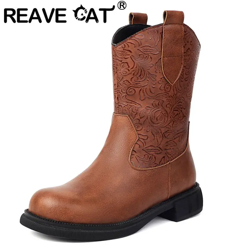 REAVE CAT Классические женские ботинки в стиле вестерн с круглым носком на плоской подошве без шнуровки разных цветов с вышивкой Большой размер 42 43 Модные повседневные ботинки до середины икры Bota
REAVE CAT Классические женские ботинки в стиле вестерн с круглым носком на плоской подошве без шнуровки разных цветов с вышивкой Большой размер 42 43 Модные повседневные ботинки до середины икры Bota