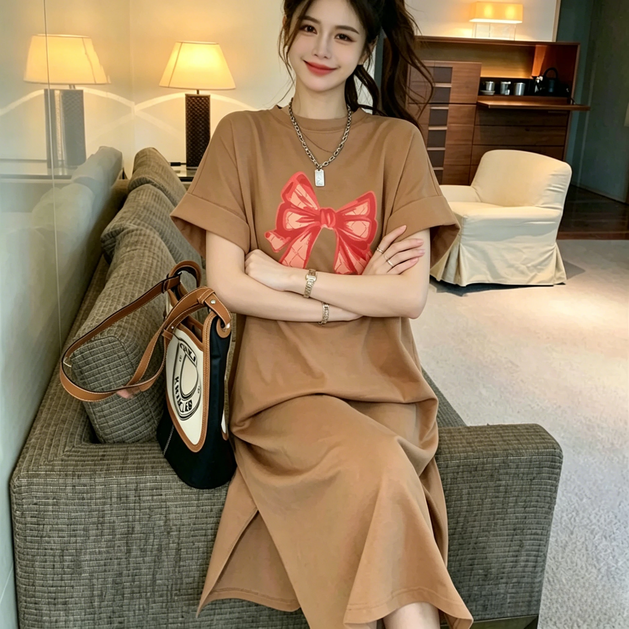 2026 Summer New Korean-style Patterned Bowknot Pattern Loose Large-Sized Casual Short-Sleeved T-Shirt Long Dress
2026 Summer New Korean-style Patterned Bowknot Pattern Loose Large-Sized Casual Short-Sleeved T-Shirt Long Dress