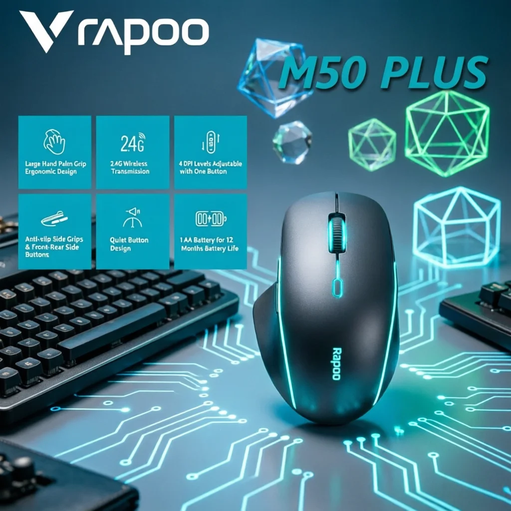 Original Rapoo M50 PLUS 2.4G Silent Wireless Mouse Ergonomic Design for Big Hand 4-Level DPI Adjustable Office PC Notebook Mice