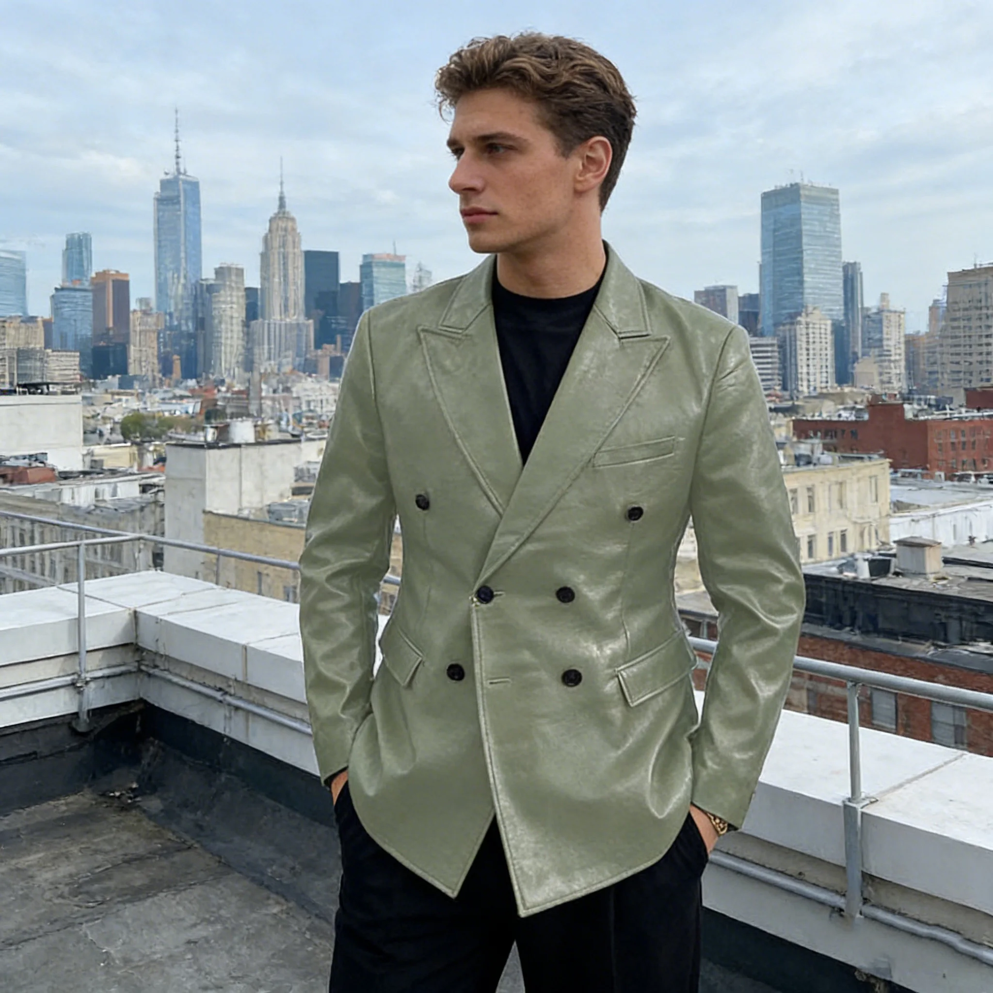 Vintage Faux Leather Blazer Jacket For Men High Quality Double Breasted Peak Lapel Gentleman Business Casual Waterproof Coat
Vintage Faux Leather Blazer Jacket For Men High Quality Double Breasted Peak Lapel Gentleman Business Casual Waterproof Coat