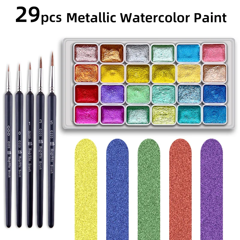 24 Colors Sunset Sparkling Pearlescent Solid Watercolor Paints Set with 5pcs Detail Brushes,Metallic Color Kit for Painting
24 Colors Sunset Sparkling Pearlescent Solid Watercolor Paints Set with 5pcs Detail Brushes,Metallic Color Kit for Painting