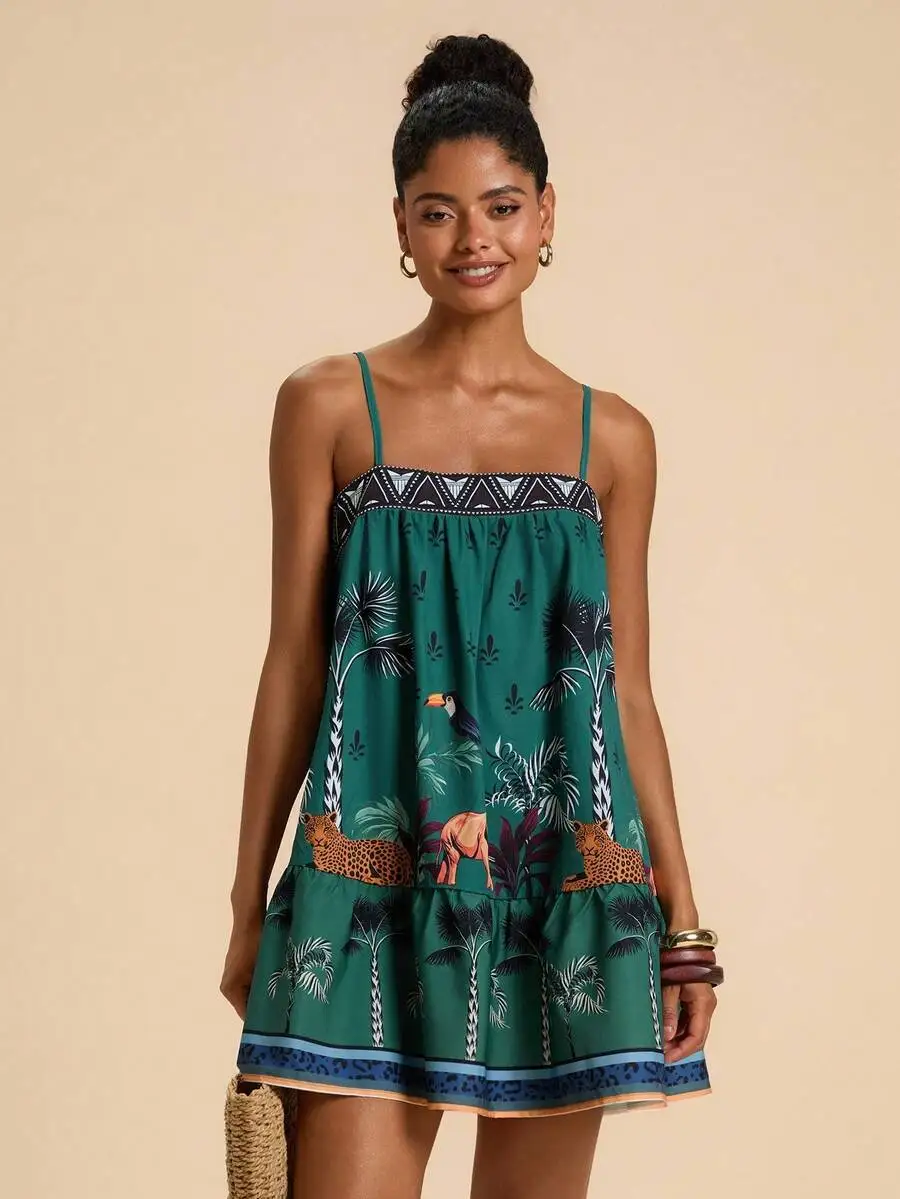Womens Tropical Print Spaghetti Strap Dress With Ruffle Hem And Animal Motif
Womens Tropical Print Spaghetti Strap Dress With Ruffle Hem And Animal Motif