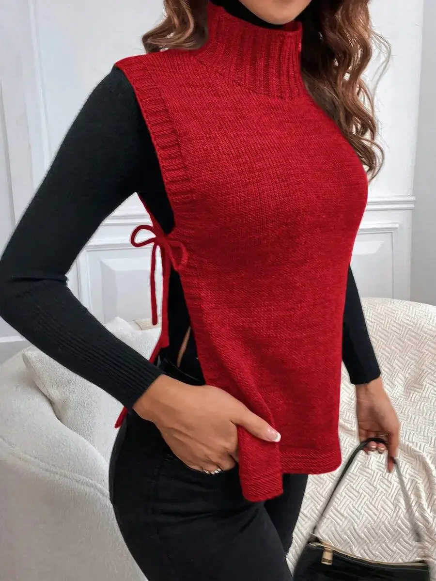Olive Green Knit Sleeveless Turtleneck Top with Side Tie Detail
Olive Green Knit Sleeveless Turtleneck Top with Side Tie Detail