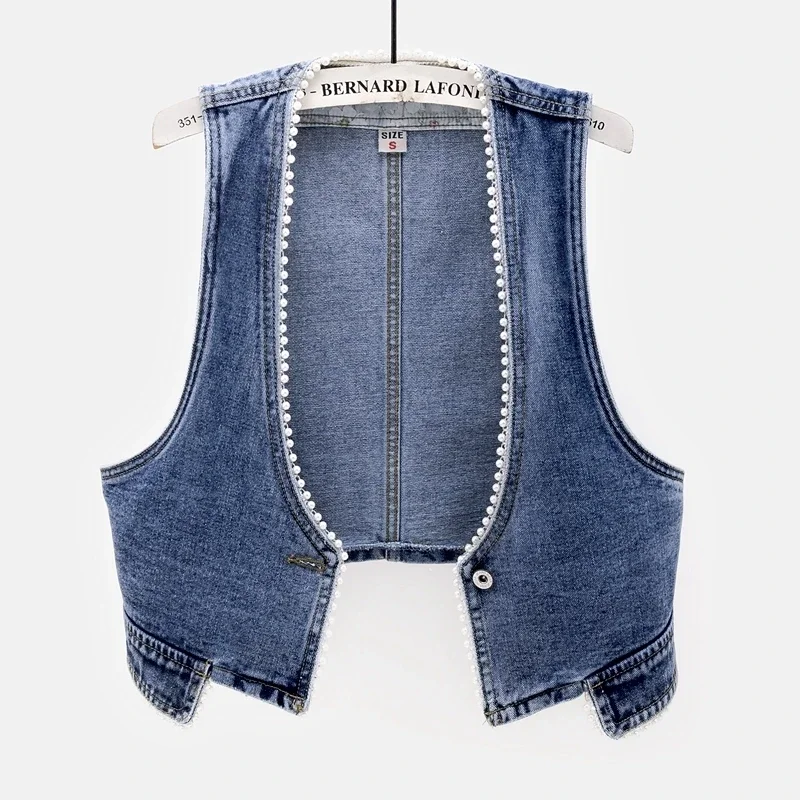 Vintage Blue Beading V Neck Denim Vest Spring Summer Women Slim Short Cowboy Waistcoat Cardigan Sleeveless Jeans Vests Female
Vintage Blue Beading V Neck Denim Vest Spring Summer Women Slim Short Cowboy Waistcoat Cardigan Sleeveless Jeans Vests Female