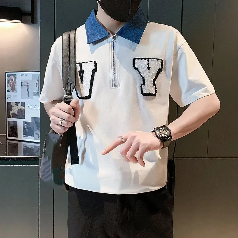 Men's Half Zip Polo Shirt with Denim Collar and Chenille Letter Patches Casual Short Sleeve Streetwear Top
Men's Half Zip Polo Shirt with Denim Collar and Chenille Letter Patches Casual Short Sleeve Streetwear Top