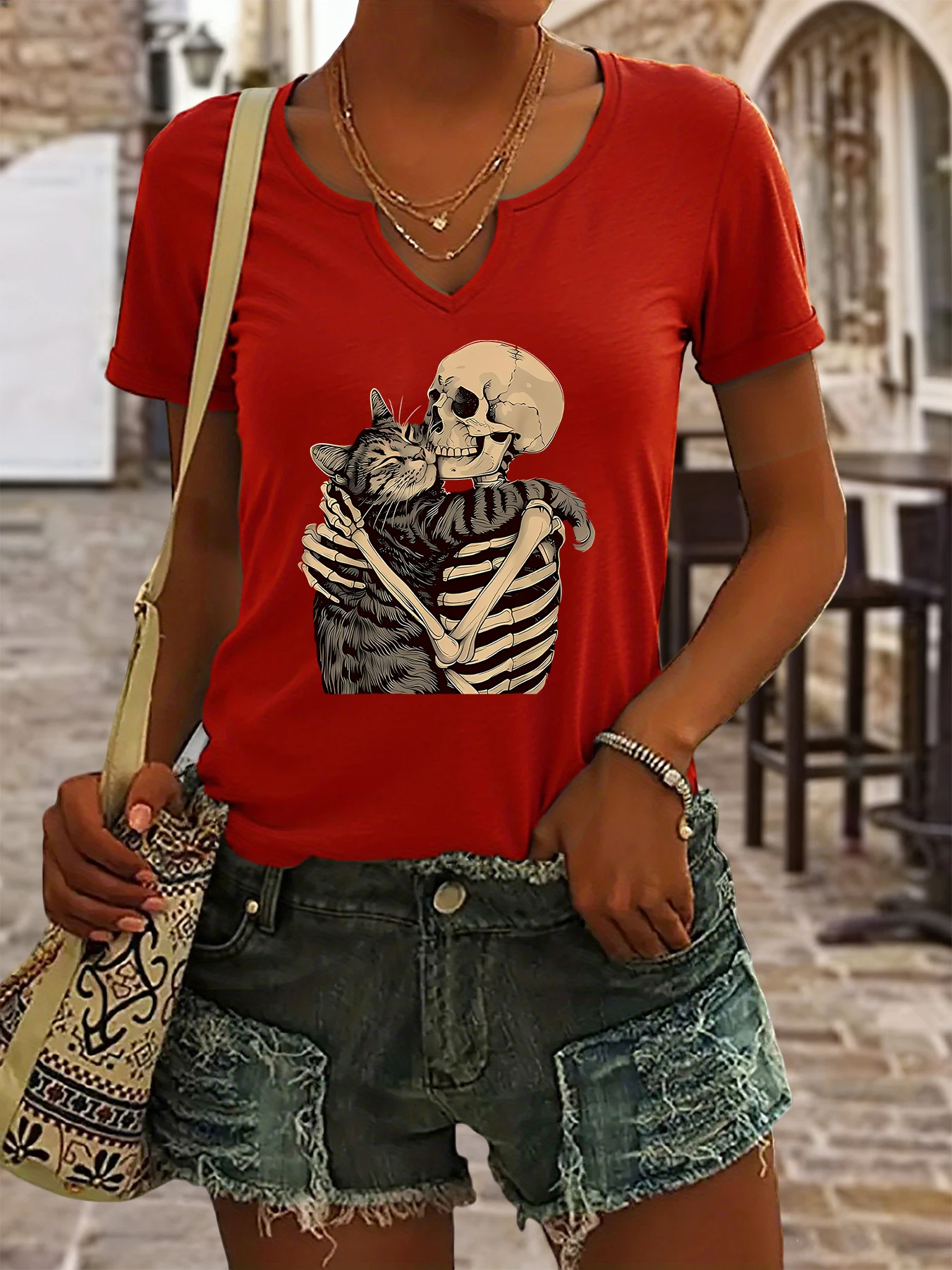 Women's Summer V-Neck Short Sleeve T-Shirt, Skeleton Hugging Cat Print, Gothic Pet Lover Casual Fashion Top
Women's Summer V-Neck Short Sleeve T-Shirt, Skeleton Hugging Cat Print, Gothic Pet Lover Casual Fashion Top