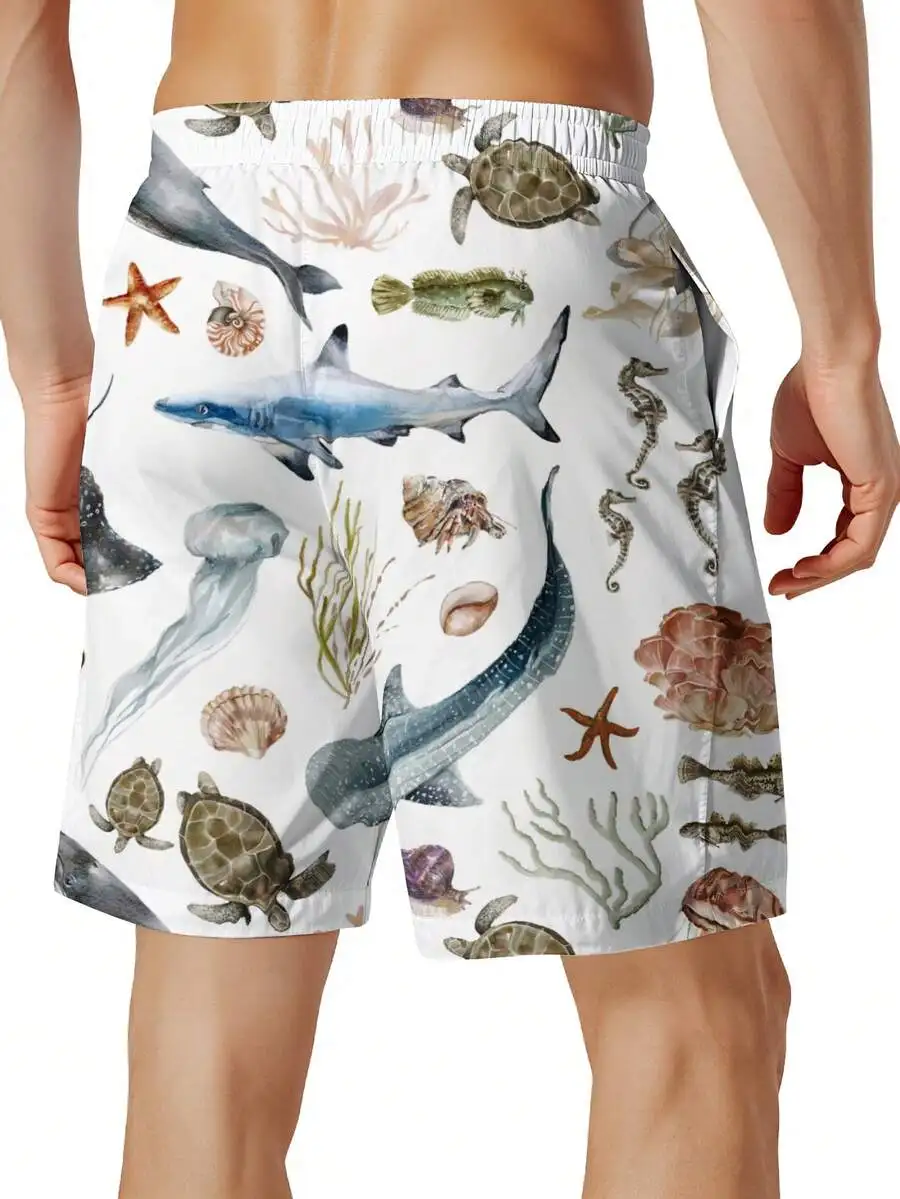 Mens Summer Swim Trunks Featuring Watercolor Ocean Animals Including Sharks, Turtles, Starfish, Seahorses And Coral
Mens Summer Swim Trunks Featuring Watercolor Ocean Animals Including Sharks, Turtles, Starfish, Seahorses And Coral