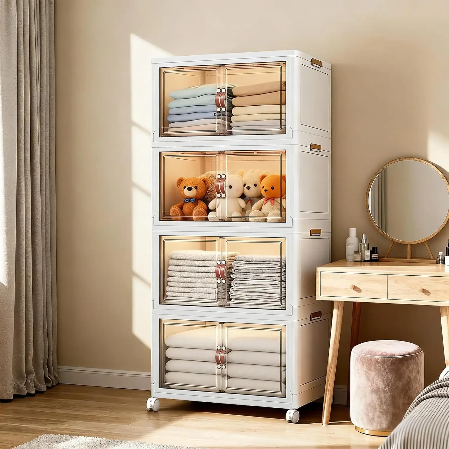White 320 QT Large Stackable Storage Cabinet, 4-Tier Collapsible Storage Bins with Magnetic Doors & Wheels, XX-Large Plastic Org
White 320 QT Large Stackable Storage Cabinet, 4-Tier Collapsible Storage Bins with Magnetic Doors & Wheels, XX-Large Plastic Org