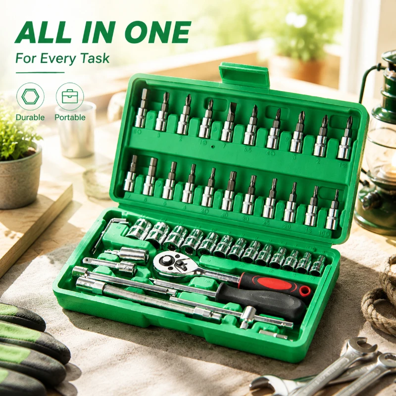 Labor Saving Fast Ratchet Tool Kit 46Pcs Full Specification Hand Tools Ideal For Family Repair And Outdoor Emergency Maintenance
Labor Saving Fast Ratchet Tool Kit 46Pcs Full Specification Hand Tools Ideal For Family Repair And Outdoor Emergency Maintenance