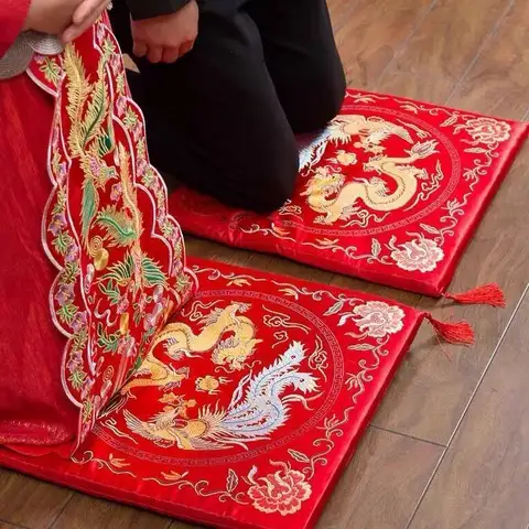 2xChinese Vietnamese Wedding Tea Ceremony Red Double Happiness Dragon Phoenix Kneeling Cushion Pad Red Double Happiness Pad