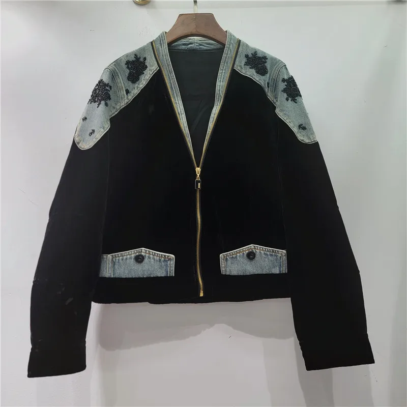 Autumn New Retro Velvet Patchwork Color Blocking Jacket Women Nail Bead Embroidery Design Denim Coat Black V-neck Zippers Tops
Autumn New Retro Velvet Patchwork Color Blocking Jacket Women Nail Bead Embroidery Design Denim Coat Black V-neck Zippers Tops
