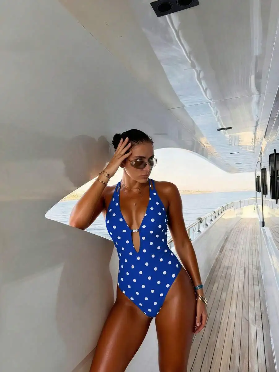 Blue Polka Dot Halter Neck Deep V One Piece Swimsuit For Women
Blue Polka Dot Halter Neck Deep V One Piece Swimsuit For Women