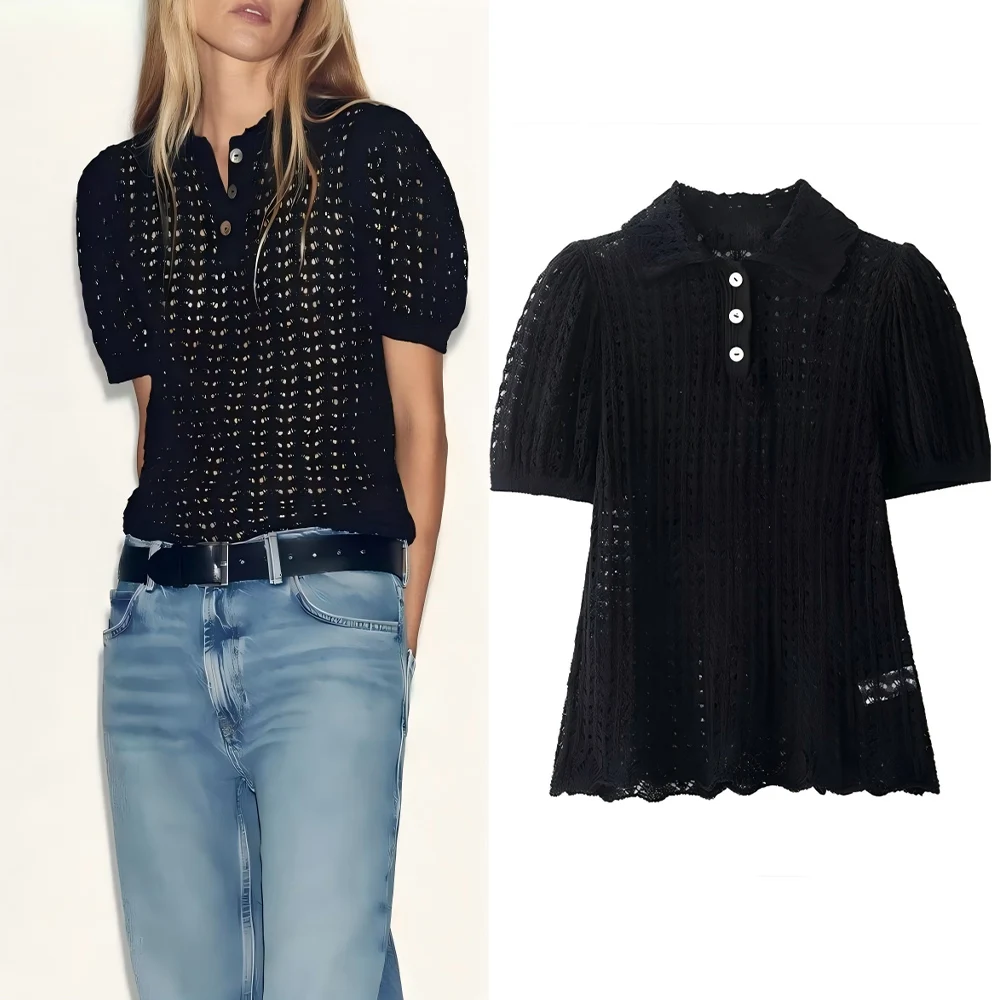 Женская новинка 2025, модная черная рубашка-поло с воротником, полый вязаный топ в стиле ретро с короткими рукавами и пряжкой, женский пуловер, шикарный топ 
Женская новинка 2025, модная черная рубашка-поло с воротником, полый вязаный топ в стиле ретро с короткими рукавами и пряжкой, женский пуловер, шикарный топ