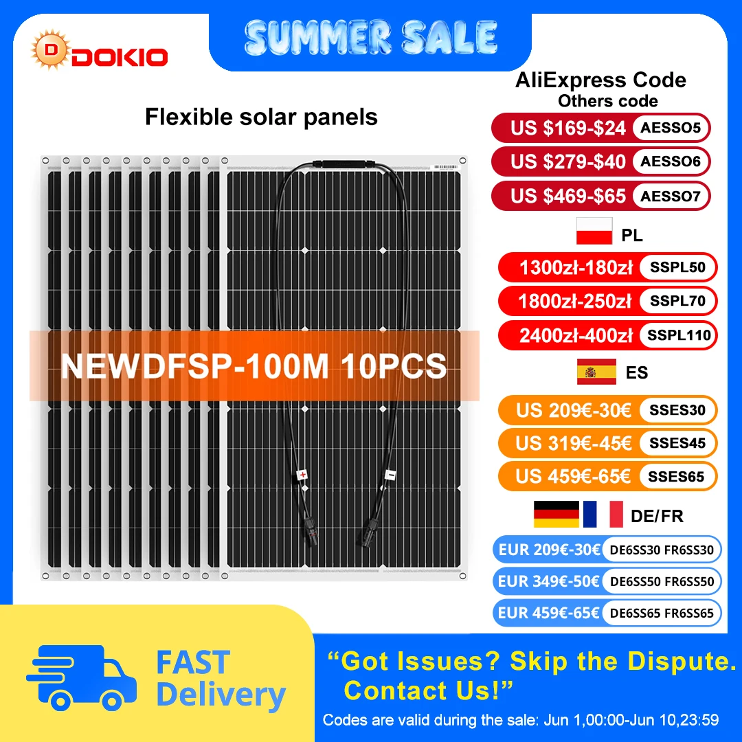 Dokio 18V 10pcs 100W Flexible Solar Panel Monocrystalline Solar Panel For Car/Home Waterproof Charge 12V 1000W Solar Panel
Dokio 18V 10pcs 100W Flexible Solar Panel Monocrystalline Solar Panel For Car/Home Waterproof Charge 12V 1000W Solar Panel