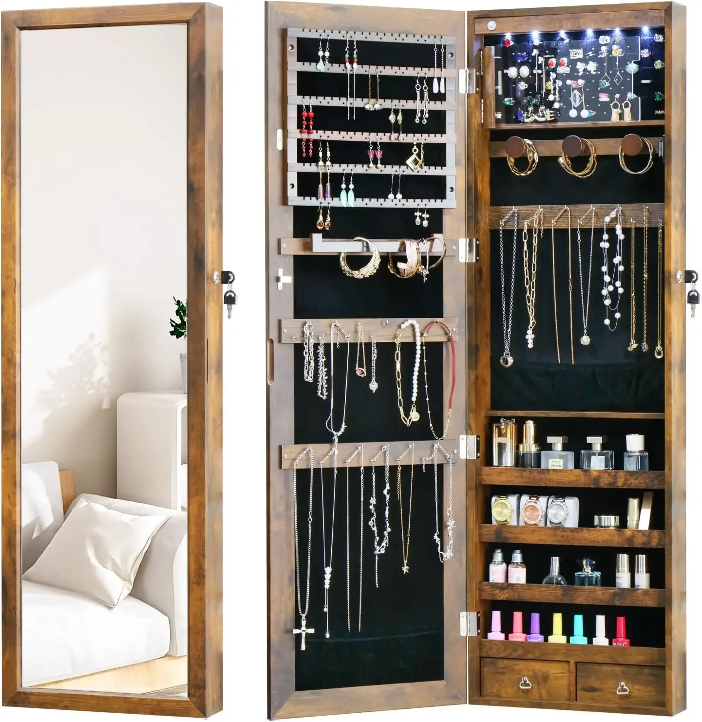 LED Jewelry Cabinet with Mirror - 47.3" Mirror Jewelry Armoire Door Hanging/Wall Mounted Mirror with Storage And Drawers Rustic
LED Jewelry Cabinet with Mirror - 47.3" Mirror Jewelry Armoire Door Hanging/Wall Mounted Mirror with Storage And Drawers Rustic