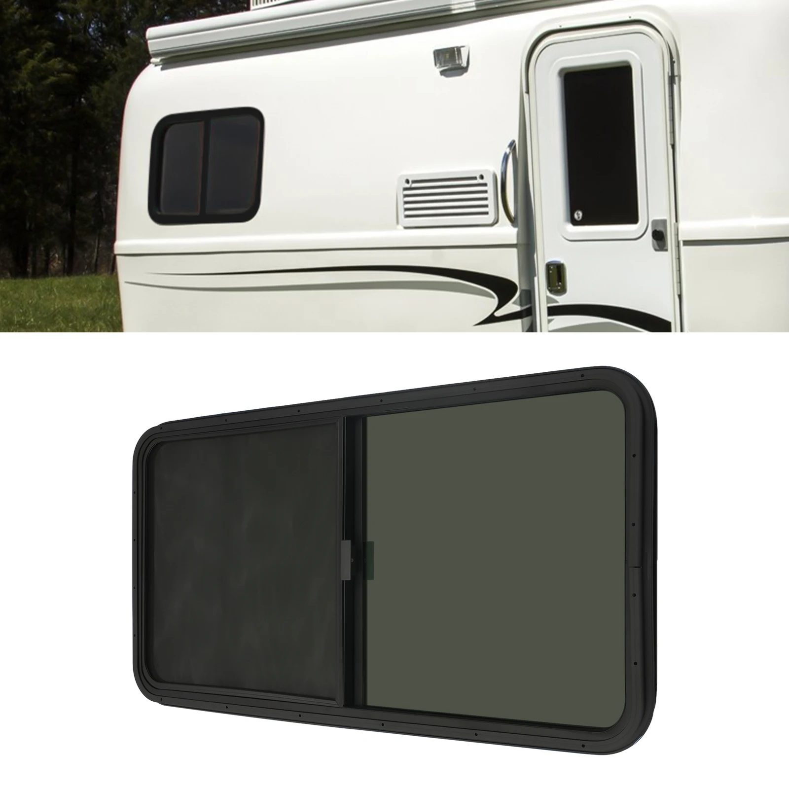 RV Window Black Universal Horizontal Privacy Sliding Glass Window + Trim Ring w/Screen Window 24" W X 20" H
RV Window Black Universal Horizontal Privacy Sliding Glass Window + Trim Ring w/Screen Window 24" W X 20" H