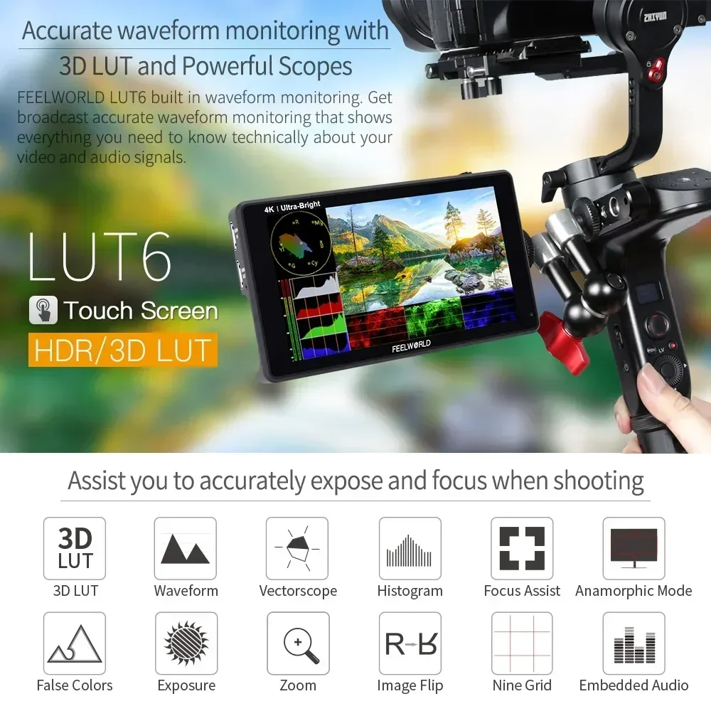 FEELWORLD LUT6 6 Inch 2600nits HDR 3D LUT Touch Screen on Camera Field DSLR Monitor with Waveform VectorScope for Youtube Live
FEELWORLD LUT6 6 Inch 2600nits HDR 3D LUT Touch Screen on Camera Field DSLR Monitor with Waveform VectorScope for Youtube Live