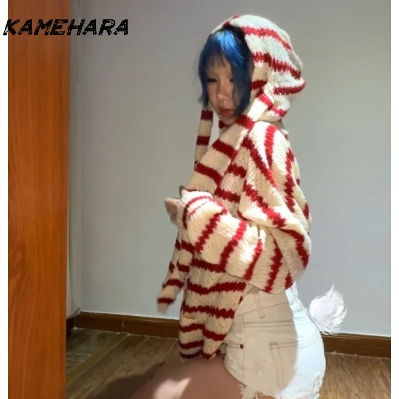 KAMEHARA Japanese Y2k Hooded Cardigan 2000s Aesthetics Rabbit Ears Zipper Knitwear Vintage Harajuku Red Stripe Sweater Grunge
KAMEHARA Japanese Y2k Hooded Cardigan 2000s Aesthetics Rabbit Ears Zipper Knitwear Vintage Harajuku Red Stripe Sweater Grunge