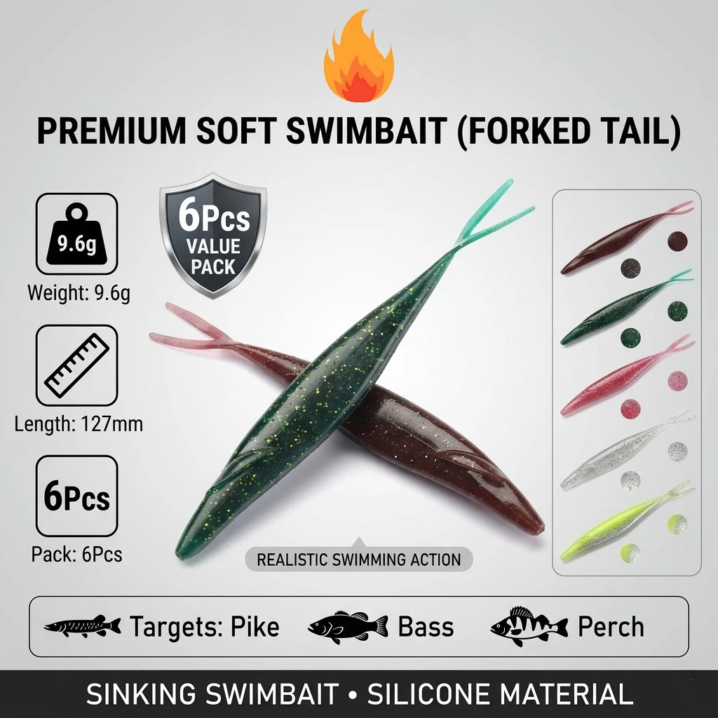WALK FISH 6Pcs Soft Fishing Lure 127mm 9.6g Forked Tail Sinking Swimbait Artificial Silicone Bait Pike Bass Perch Shad Wobbler
WALK FISH 6Pcs Soft Fishing Lure 127mm 9.6g Forked Tail Sinking Swimbait Artificial Silicone Bait Pike Bass Perch Shad Wobbler